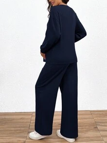SHEIN 2 件孕妇套装：休闲纯色上衣和宽松裤子孕妇两件套 2 件休闲套装女士长袖孕妇休闲套装孕妇休闲裤孕妇装两件套 - 寶藍色 - 查看 2