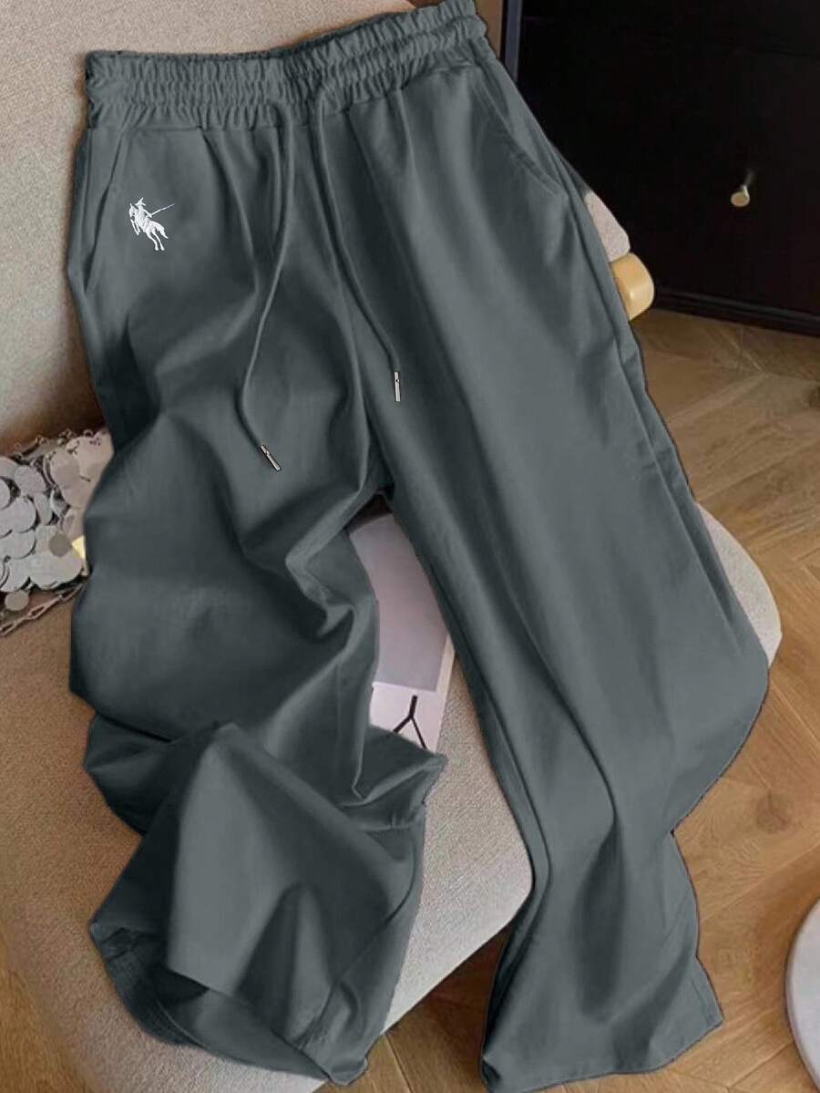 SHEIN 全新休闲刺绣小马宽松纯色直筒裤女式 - 深灰色 - 查看 1