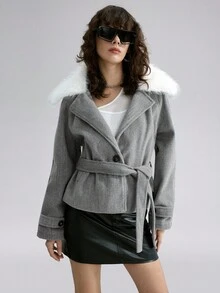 Airlisse Abrigo cruzado con cuello gris, mangas raglán y cintura con lazo, para otoño/invierno - Gris - Ver 3