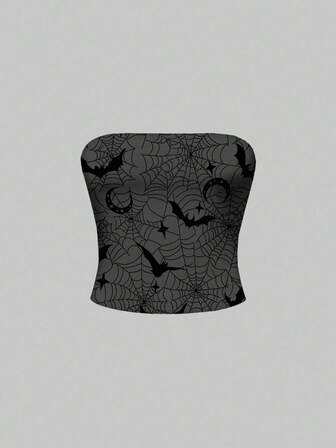 Goth Débardeur court pour femmes imprimé de toile d'araignée violette foncée, chauve-souris, soleil, lune et étoiles pour Halloween, noir et gris