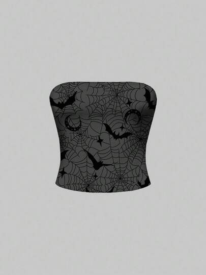 Goth Halloween dunkel lila Spinnennetz, Fledermaus, Sonne, Mond, Stern Muster Crop Top für Frauen, Schwarz & Grau