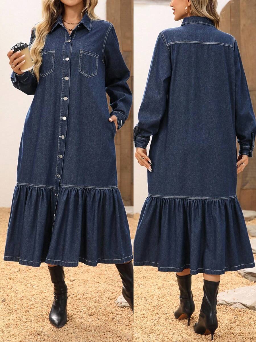 EMERY ROSE 女式休闲前扣牛仔连衣裙，秋季 - 藍色 - 查看 1