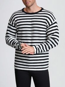 INAWLY Men's Casual Striped Round Neck Drop Shoulder Long Sleeve Knit Sweater, Autumn - Multicolor - View 4