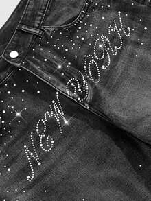 ROMWE MEN Street Life Pantalones cortos vaqueros casuales con adornos de strass y dobladillo deshilachado para hombres - Negro - Ver 3