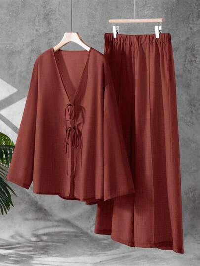 Linhara 大码女式休闲纯色简约系带上衣和裤子两件套