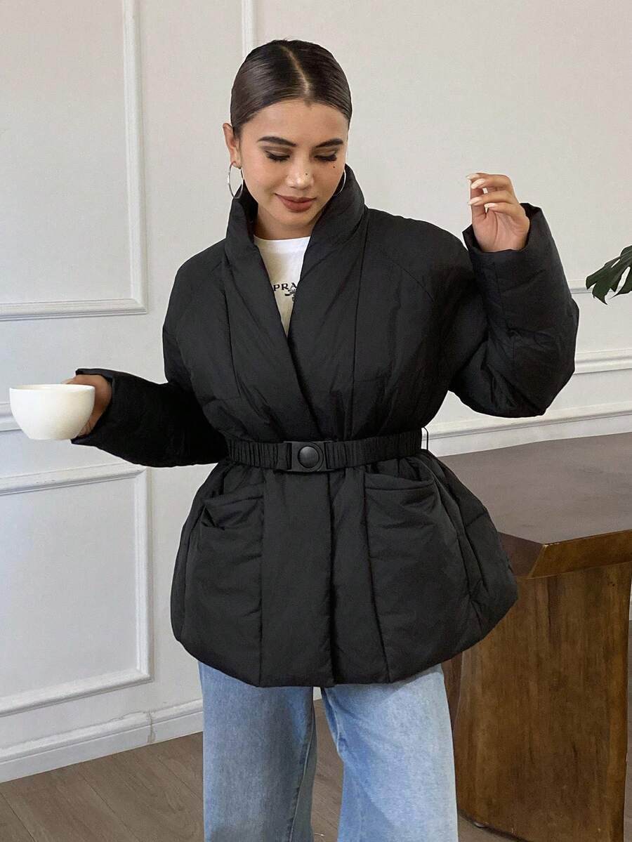 DAZY 女式简约纯色束腰V领保暖棉服外套 - 黑色 - 查看 1