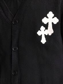 SUMWON 短款针织纽扣前长袖开衫经典麻花针织休闲秋冬舒适毛衣 - 黑色 - 查看 6