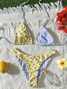 Swim Mod 新款女式夏季两件套随机花卉格子印花三角吊带比基尼上衣和下装套装，海滩度假泳装