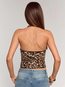 SHEIN BAE 女士露背吊带亮片豹纹背心，适合派对、节日、新年、圣诞派对等场合穿着。 - 摩卡棕 - 查看 2