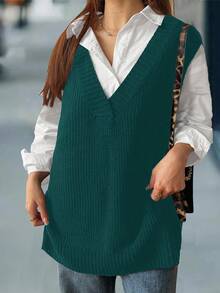 Calvaya 秋季大码女式纯色深V休闲宽松针织背心 - 水鴨藍 - 查看 3