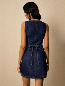 Poéselle 女式V领单排扣休闲无袖牛仔连衣裙 - 深色水洗藍 - 查看 4