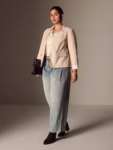 EMERY ROSE 大码女式休闲条纹拼布西装外套，适合通勤、街头风格、简约时尚、万圣节、日常穿着 - 卡其色 - 查看 6