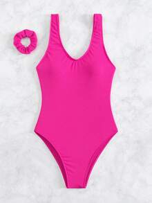 Swim Basics Summer Beach Solid One Piece Swimsuit With Scrunchie - Hot Pink - View 3