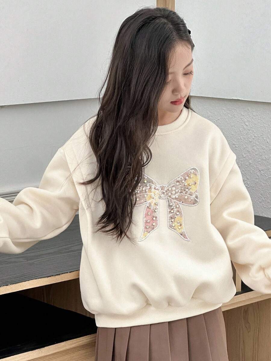 Dazy Kids Tween Mädchen Pullover mit Schleife, gestrickt und mit Fleece gefüttert, langärmlig, modisch und stilvoll für Herbst/Winter