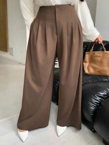 Dazy Plus Plus Size Women Loose Solid Color Wide Leg Casual Long Pants, All Season Women Dress Pants Fall - Coffee Brown - View 8