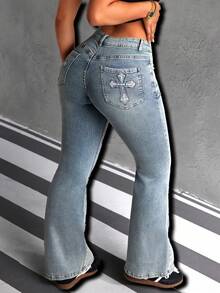 SHEIN PETITE Jeans de talle bajo ajustados con bordado cruzado lavado para mujer - Azul - Ver 5