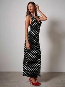 COSMINA Women's Elegant V-Neck Polka Dot Belted Dress, Early Autumn,Date Night Outfits Women,Going Out Outfits,Birthday Dresses For Women,Dress For Wedding Guest,Party Dresses For Women - Black - View 6