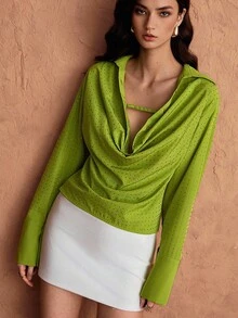 Chiquease Women's Elegant Plunging Neck Sequin Long Sleeve Party Blouse - Green - View 2