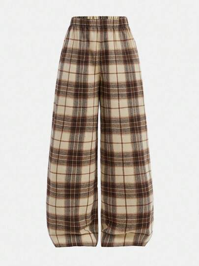Girlism Teen Girls Pants Plaid Daily Wear Microfleece Football/Soccer Black And White Sportswear Wide Leg Checkered Brown Loose Fall Winter