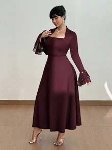 Viva Relle Plus Size Elegant Organza Pearl Knitted A-Line Long Dress, Autumn/Winter - Burgundy - View 3