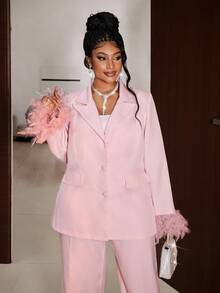 Maweii 大码女式纯色垫肩长袖袖口装饰优雅西装外套+休闲裤两件套，适合优雅外出、通勤、春、秋、冬穿着。 - 粉色 - 查看 2