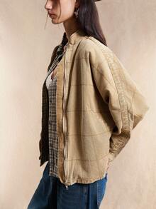 Easelle Women's Plaid Batwing Sleeve Zip-Up Casual Denim Jacket, Autumn Western Jacket Women Boho Western Tops Cowboy Shirts Women Women Western Tops Western Shirts For Women Women Western Clothing Cowboy Shirt Women Women Western Jacket