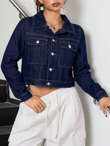 SHEIN 少女深蓝色牛仔翻领长袖短款夹克 - 深色水洗藍 - 查看 6