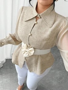 Elenzga Plus Size Women Fashion Elegant Waist Cinched Mesh Patchwork Slim Fit Blouse - Khaki - View 6