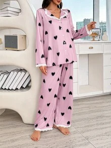 Moonlight&Mama Moonlight & Mama 蕾丝拼布翻领黑色心形印花宽松长袖上衣和裤子孕妇睡衣套装，秋季服装 - 彩色 - 查看 5