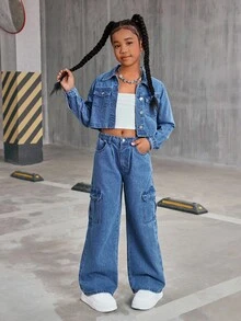 女童青少年新款水洗牛仔两件套，短款牛仔夹克 + 宽腿宽松牛仔裤，休闲装 - 中等水洗藍 - 查看 9