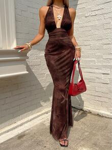 SHEIN Tall 2 件棕色优雅度假魅力性感女士套装，女士露背系带无袖印花短款上衣，不对称荷叶边下摆，紧身针织高弹力美人鱼裙 - 棕色 - 查看 7