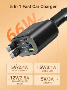 JMMO 66W 伸缩式车载充电器，带数字显示，5 合 1 快速车载电话充电器，带 2 个 PD 端口，2 根伸缩电缆和 USB 车载充电器，兼容 16/15/14/13/12，兼容 Galaxy，适用于 Pixel 等。 - 彩色 - 查看 3