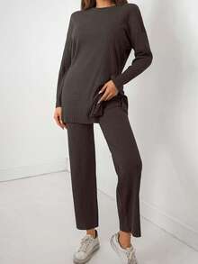 EURMUSE 2pcs Women Solid Color Round Neck Drop Shoulder Split Hem Long Sleeve Ribbed Top And Pants Set - Chocolate Brown - View 4
