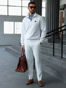 Manfinity CasualCool Men's Casual Solid Color Textured Half Zip Stand Collar Sweatshirt, Men's Autumn New Solid White Minimalist Casual Pullover Sweatshirt, Versatile Items For Daily Commuting, Travel, Cable Knit Quarter Zip Sweatshirt, Long Sleeve Top - White - View 2