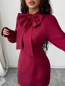 Rafferiza New Bowknot Collar Lantern Sleeve Fitted Mini Skirt, Christmas - Burgundy - View 3