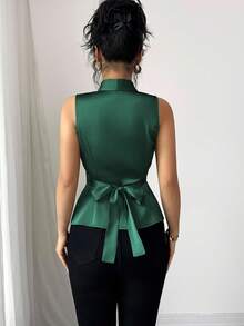 Elenzga 女士优雅领口无袖衬衫，配腰带，适合通勤、办公室、休闲、下午茶、派对 - 墨綠色 - 查看 2