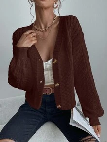 SHEIN LUNE 女士纯色简约休闲开衫 - 咖啡棕 - 查看 5