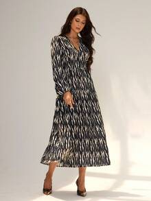 Almamuse Women's Elegant Zebra Pattern Jacquard Print Long Lantern Sleeve Dress - Multicolor - View 4