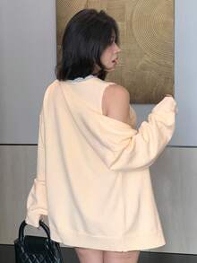 DAZY 2 件套女士优雅蕾丝拼布吊带背心开衫毛衣套装，秋季 - 杏色 - 查看 2