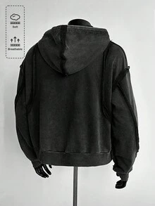 ROMWE MEN Casual 男士休闲拉链口袋连帽卫衣，秋季款，长袖上衣 - 黑色 - 查看 2