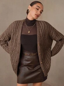 Modelyn 女士宽松V领串珠马海毛开衫，百搭 - 咖啡棕 - 查看 1