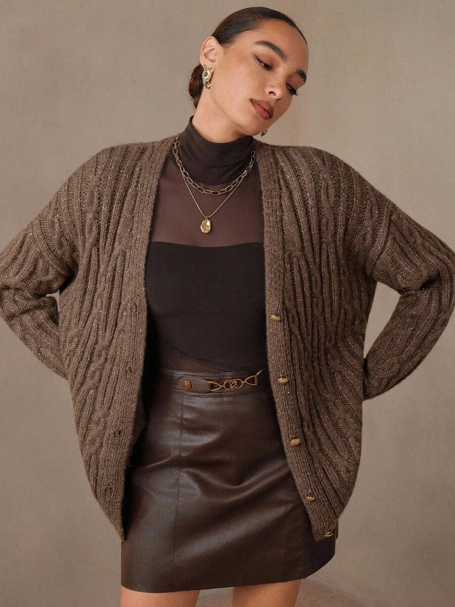 Modelyn 女士宽松V领串珠马海毛开衫，百搭 - 咖啡棕 - 查看 1