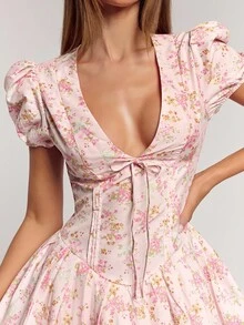 SHEIN BAE Váy ren xếp ly ngực màu trơn có dây đeo họa tiết hoa nhỏ - Hồng - Xem 6