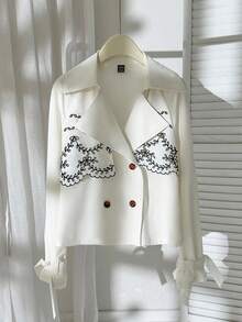 Modelyn Women's Embroidered Hollow Out Lapel Collar Long Sleeve Double-Breasted Regular Jacket Winter Jacket - Apricot - View 7