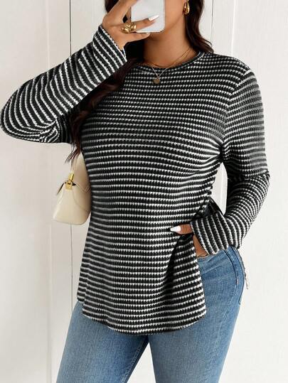 SHEIN Frenchy Plus Size Women Striped Crew Neck Knit T-Shirt With Side Slit Design, Comfortable Casual Plus Size Tee Women Long Sleeve Tops Winter Tops For Women Black And White Top Women Sweater Striped Top