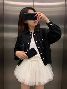 SHEIN 少女时尚休闲 Y2K 复古酷炫街头风返校学院风黑色真口袋设计牛仔翻领长袖外套，柔软舒适，适合日常穿着、秋冬季节、锐舞派对以及居家休闲。 - 黑色 - 查看 3