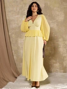 Roveilla Plus Size Women Elegant Pleated Deep V-Neck Long Sleeve Dress - Yellow - View 7