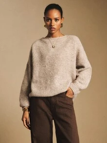 Poéselle Khaki Sweater,Women's Reversible V-Neck & Backless Tie Sweater – Soft Fuzzy Knit Pullover Top,Open Back Sweater, Backless Knit Sweater, Tie Back Jumper, Quiet Luxury Knitwear, Capsule Wardrobe Essential,Women's Casual Loose Knit Sweater With Back Tie Design And Drop Shoulder, Long Sleeve, Suitable For Autumn,Fall/Winter