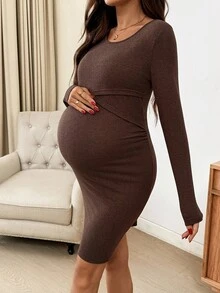 SHEIN Minimalistyczna, jednokolorowa, dopasowana sukienka do karmienia piersią z okrągłym dekoltem i długim rękawem