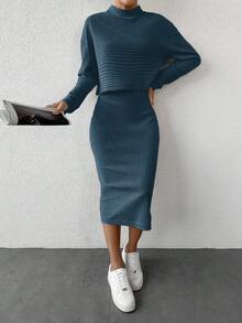 SHEIN Cottnline 2pcs Women Set: Solid Color Drop Shoulder Knit Long Sleeve Sweater Dress - Dark Green - View 3